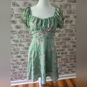 Altar'd State NWT Green & Pink Floral Puff Sleeve Mini Dress Size Small
